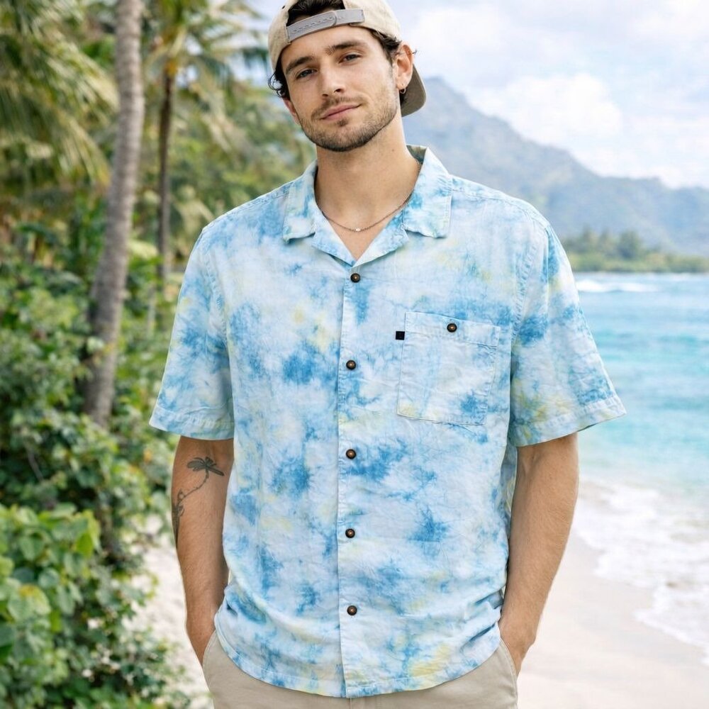 Junk Food Clothing Blue Tie Dye Shirt Sz M Short Sleeve Island Vibes Button Up C